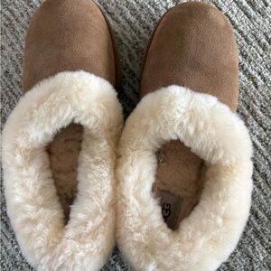 UGG Brown Suede Slippers with Cream Fur Lining